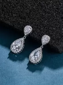 方晶鋯石裝飾水滴形耳墜 - 銀色 - 查看 2