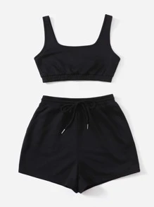 SHEIN EZwear 純色短款背心上衣和運動短褲套組 - 黑色 - 查看 5