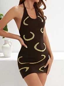 Halterneck Backless Graphic Pattern Jumper Dress - Chocolate Brown - View 1