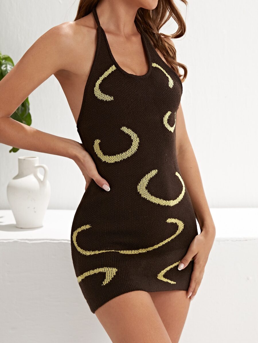 Halterneck Backless Graphic Pattern Jumper Dress - Chocolate Brown - View 1