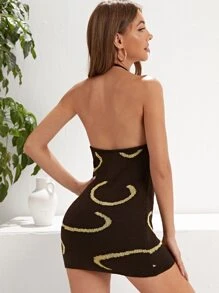 Halterneck Backless Graphic Pattern Jumper Dress - Chocolate Brown - View 2