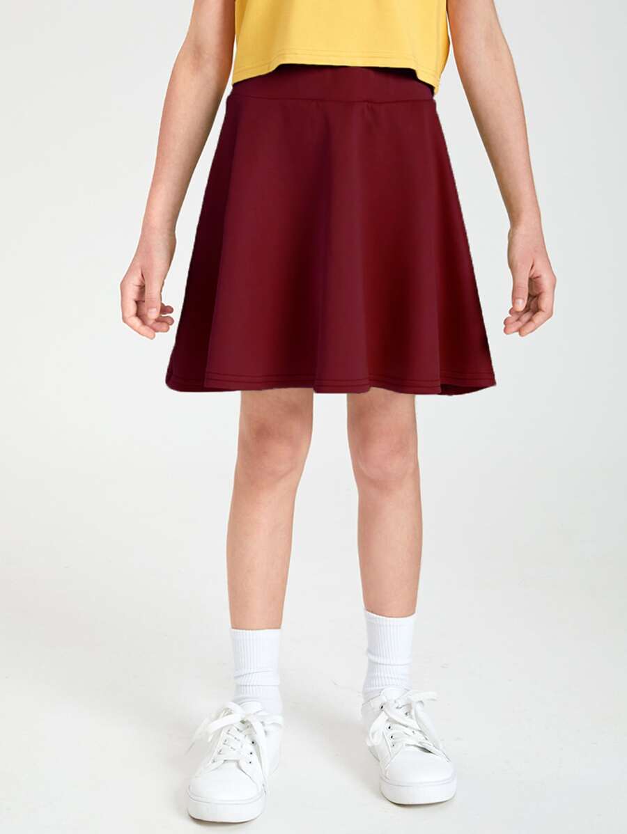 SHEIN Váy Gái Dây kéo màu trơn Giải trí - Màu Đỏ Sâu - Xem 1