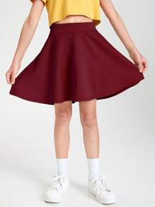 SHEIN Váy Gái Dây kéo màu trơn Giải trí - Màu Đỏ Sâu - Xem 3