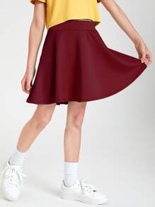 SHEIN Váy Gái Dây kéo màu trơn Giải trí - Màu Đỏ Sâu - Xem 4