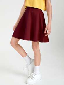 SHEIN Váy Gái Dây kéo màu trơn Giải trí - Màu Đỏ Sâu - Xem 5