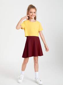 SHEIN Váy Gái Dây kéo màu trơn Giải trí - Màu Đỏ Sâu - Xem 6