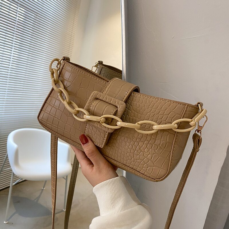 

Croc Embossed Chain Satchel Bag, Khaki