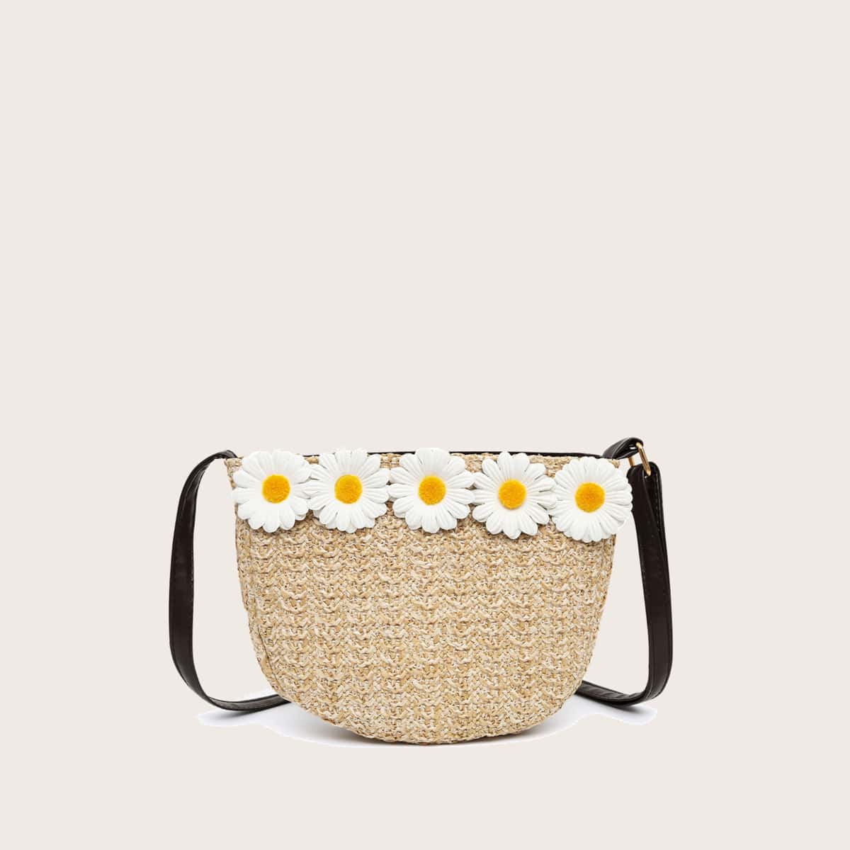 

Flower Appliques Straw Bag, Khaki