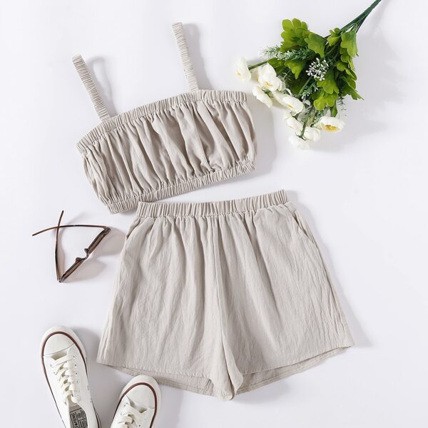 

Ruched Crop Cami Top & Shorts Set, Apricot