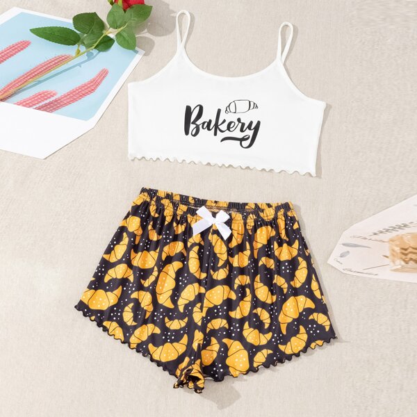 

Letter & Cartoon Graphic Scallop Trim Pajama Set, Multicolor