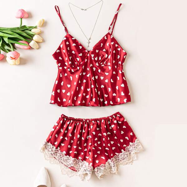 

Lace Trim Heart Print Satin Night Set, Burgundy