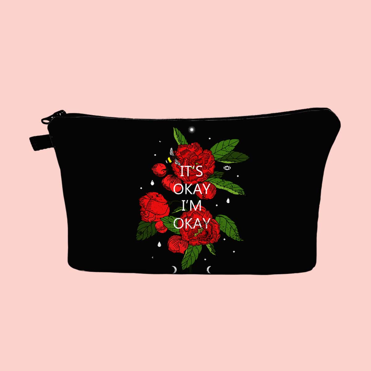 

Rose & Letter Print Makeup Bag, Black