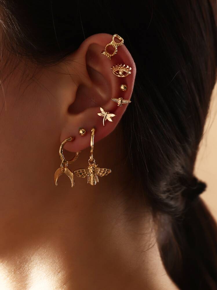 8 piezas Arete luna & con diseño de abeja - Amarillo Oro - Añade 1