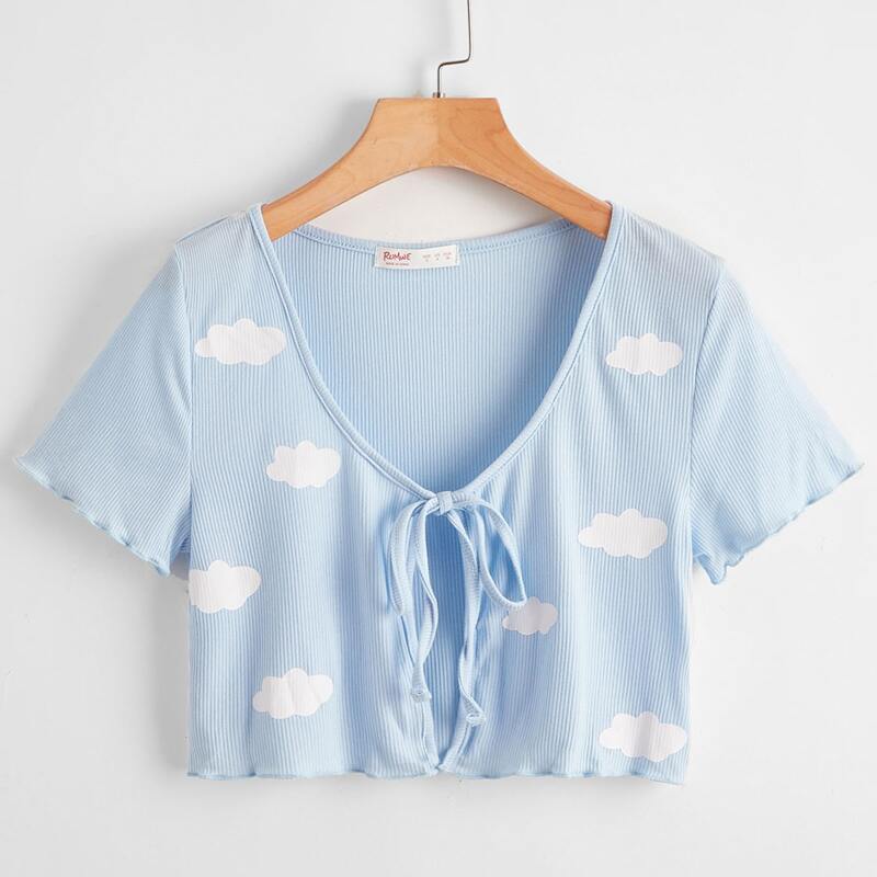 

Cloud Graphic Tie Front Ribbed Top, Baby blue