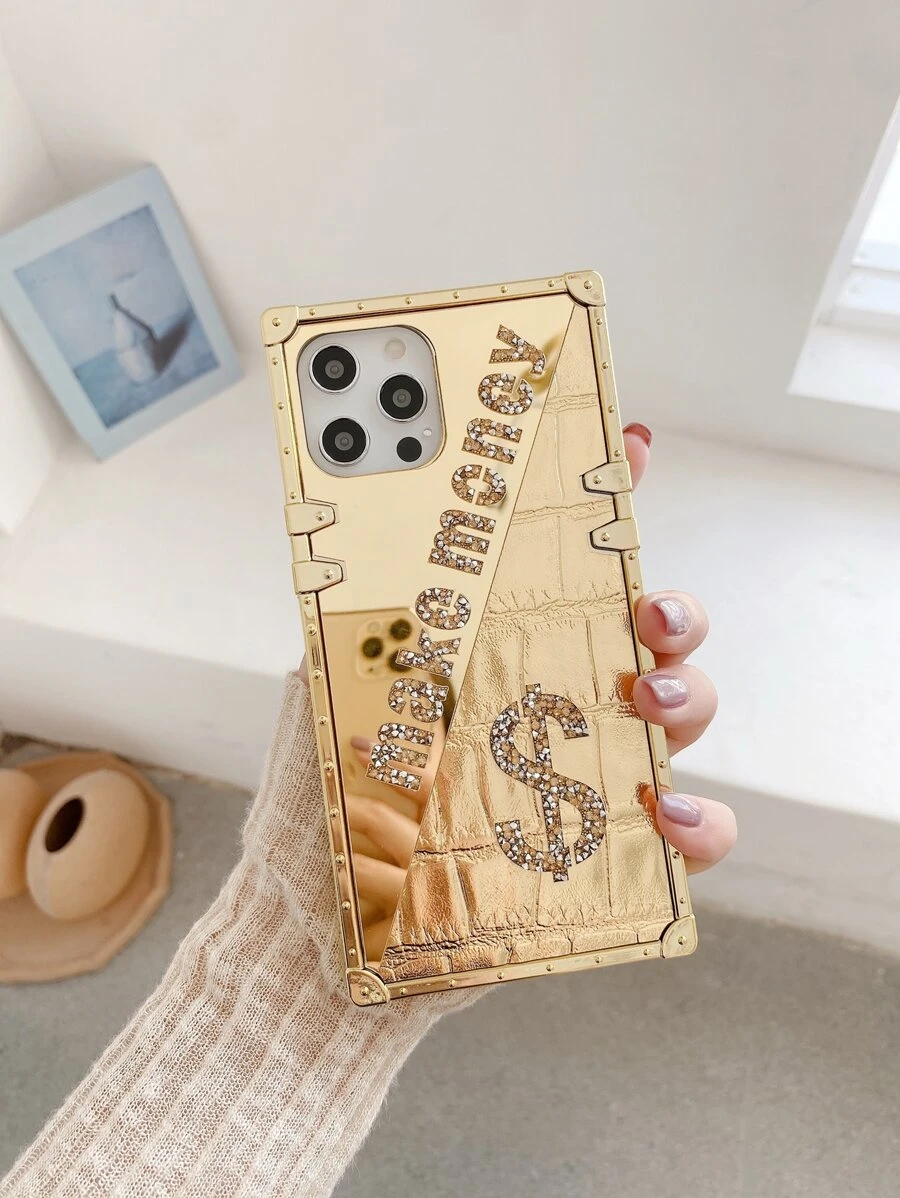 1pc 'make Money' Letter & Mirror Surface & Rhinestone Studded Phone Case Compatible With Iphone 13 - Gold - View 1