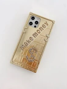1pc 'make Money' Letter & Mirror Surface & Rhinestone Studded Phone Case Compatible With Iphone 13 - Gold - View 2