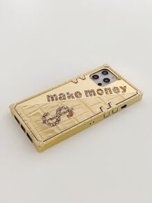 1pc 'make Money' Letter & Mirror Surface & Rhinestone Studded Phone Case Compatible With Iphone 13 - Gold - View 3