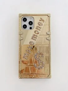 1pc 'make Money' Letter & Mirror Surface & Rhinestone Studded Phone Case Compatible With Iphone 13 - Gold - View 4