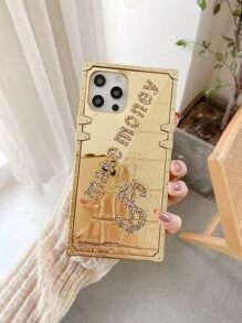 1pc 'make Money' Letter & Mirror Surface & Rhinestone Studded Phone Case Compatible With Iphone 13 - Gold - View 5