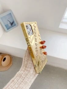 1pc 'make Money' Letter & Mirror Surface & Rhinestone Studded Phone Case Compatible With Iphone 13 - Gold - View 6