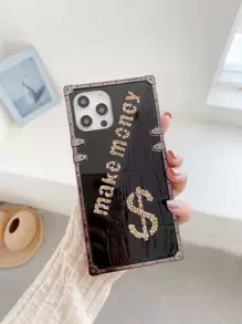 1pc 'make Money' Mirror Rhinestone Decor Phone Case Compatible With Iphone 13 - Black - View 1