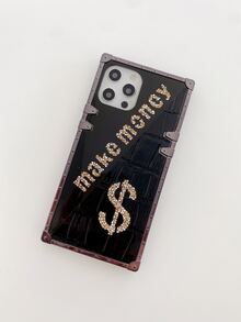 1pc 'make Money' Mirror Rhinestone Decor Phone Case Compatible With Iphone 13 - Black - View 2