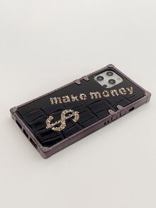 1pc 'make Money' Mirror Rhinestone Decor Phone Case Compatible With Iphone 13 - Black - View 3