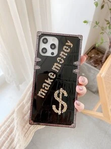 1pc 'make Money' Mirror Rhinestone Decor Phone Case Compatible With Iphone 13 - Black - View 4