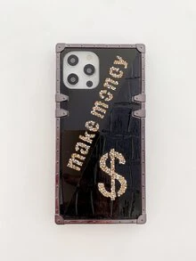 1pc 'make Money' Mirror Rhinestone Decor Phone Case Compatible With Iphone 13 - Black - View 5