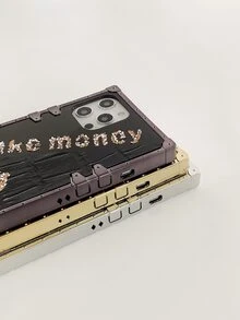 1pc 'make Money' Mirror Rhinestone Decor Phone Case Compatible With Iphone 13 - Black - View 6