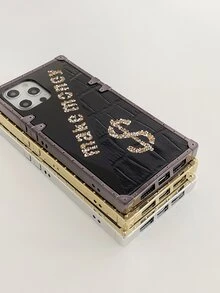 1pc 'make Money' Mirror Rhinestone Decor Phone Case Compatible With Iphone 13 - Black - View 7