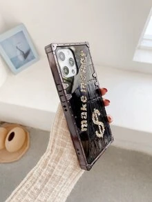 1pc 'make Money' Mirror Rhinestone Decor Phone Case Compatible With Iphone 13 - Black - View 8