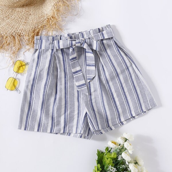 

Striped Belted Shorts, Blue