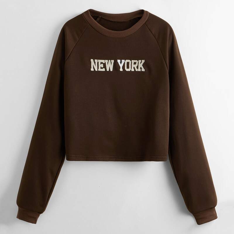 

Letter Embroidery Crop Sweatshirt, Coffee brown