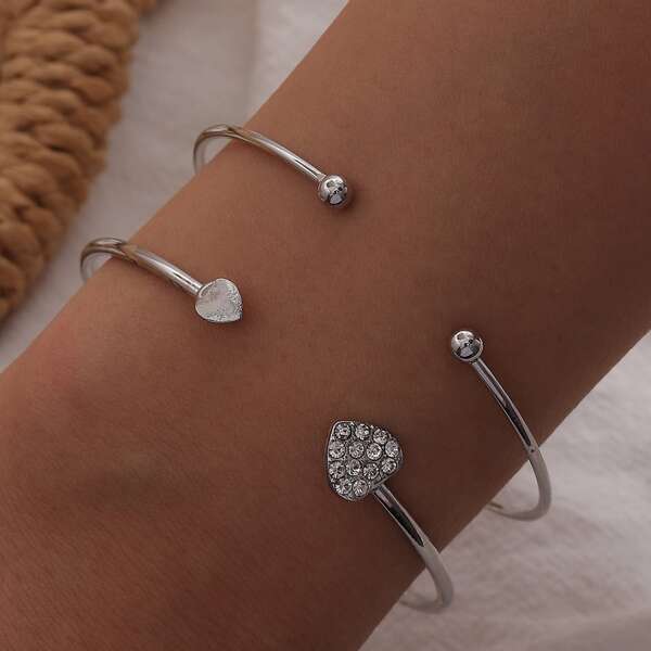 

2pcs Heart Decor Cuff Bracelet, Silver