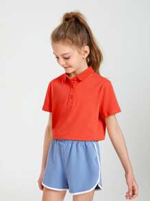 SHEIN Girls Cotton Solid Polo Collar Tee - Red - View 1