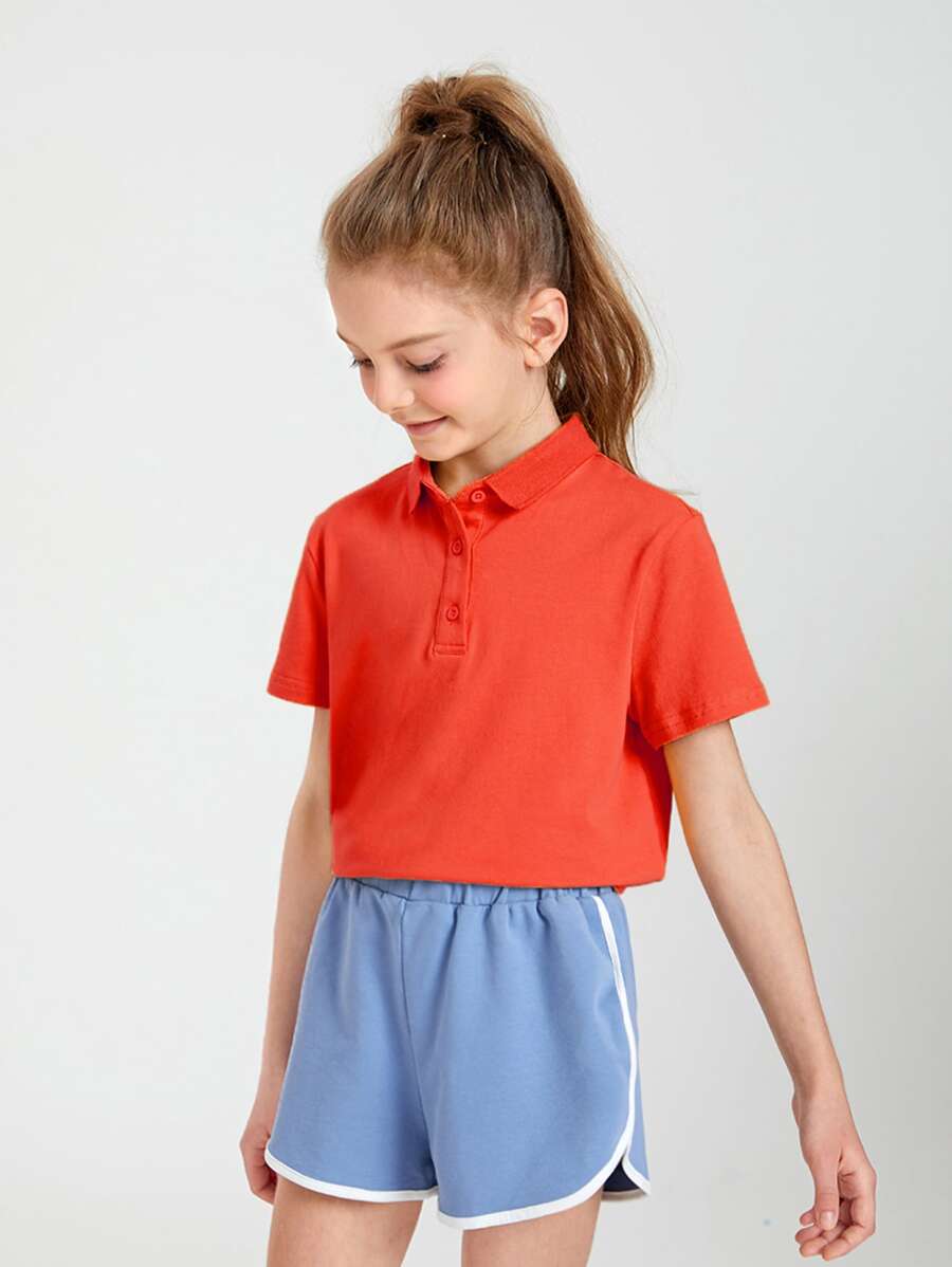 SHEIN Girls Cotton Solid Polo Collar Tee - Red - View 1