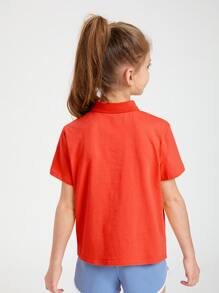 SHEIN Girls Cotton Solid Polo Collar Tee - Red - View 2