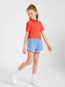 SHEIN Girls Cotton Solid Polo Collar Tee - Red - View 3