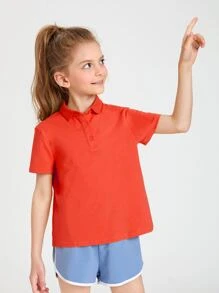 SHEIN Girls Cotton Solid Polo Collar Tee - Red - View 5