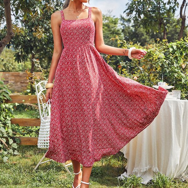 

Tied Open Back Ditsy Floral Cami Dress, Burgundy