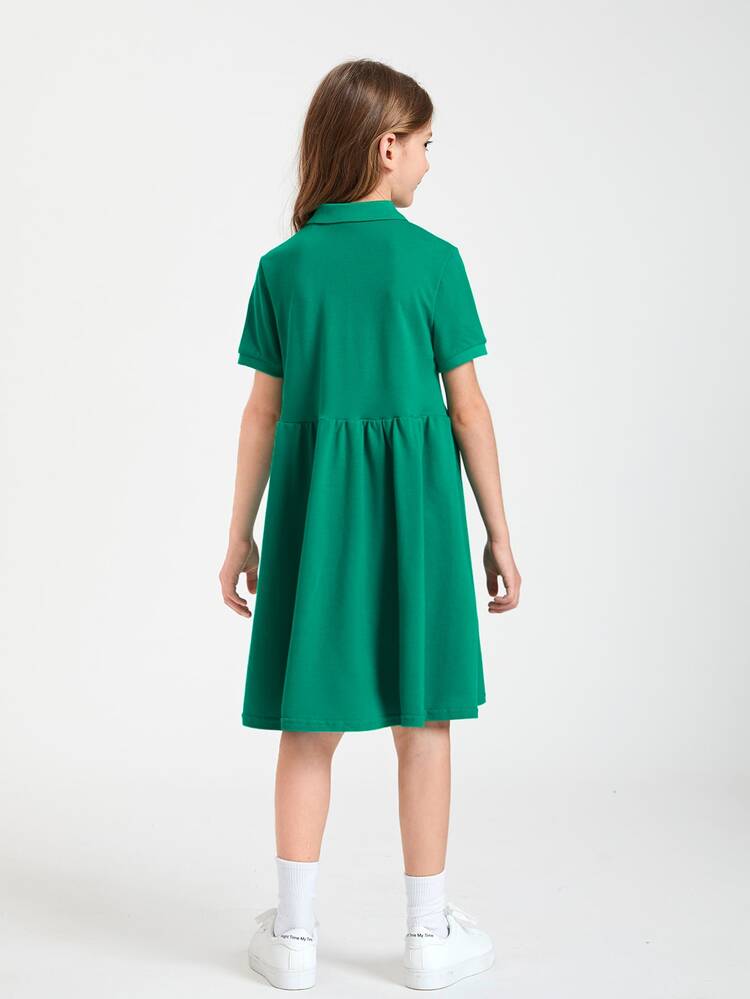 SHEIN Chicas Vestido smock algodón de tapeta con botón - Verde - Añade 2