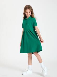 SHEIN 女孩含棉半紐扣開襟娃娃裙 - 綠色 - 查看 4