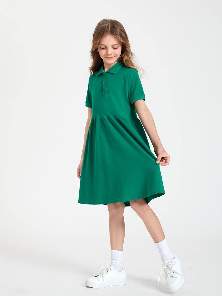 SHEIN Chicas Vestido smock algodón de tapeta con botón - Verde - Añade 4