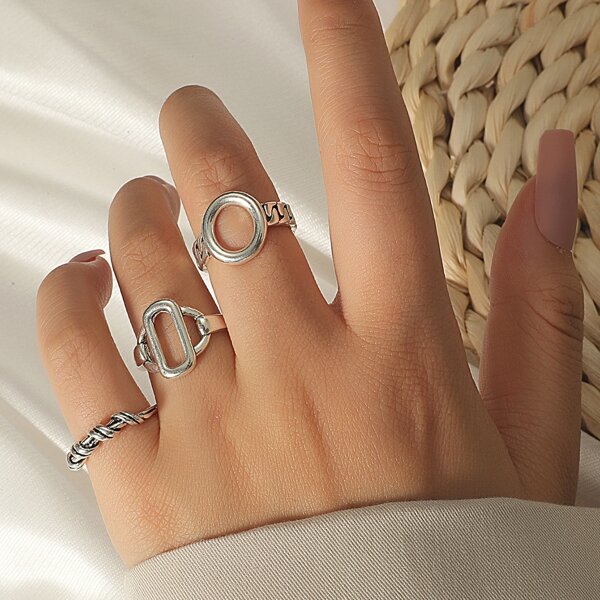 

3pcs Geometric Decor Ring, Antique silver