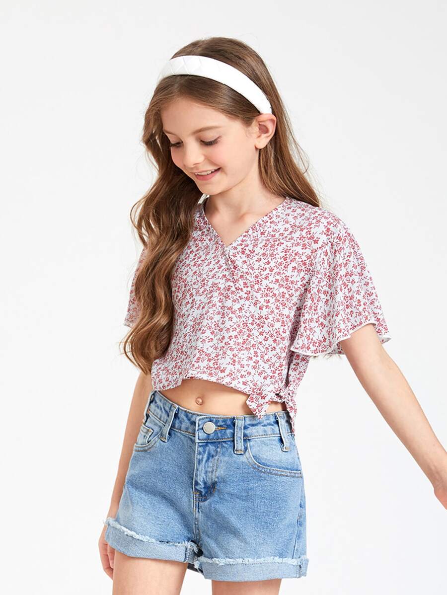 SHEIN 女孩小碎花蝴蝶袖襯衫 - 彩色 - 查看 1