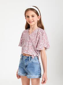 SHEIN 女孩小碎花蝴蝶袖襯衫 - 彩色 - 查看 3