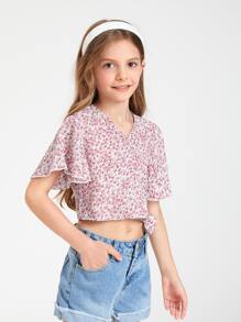 SHEIN 女孩小碎花蝴蝶袖襯衫 - 彩色 - 查看 4