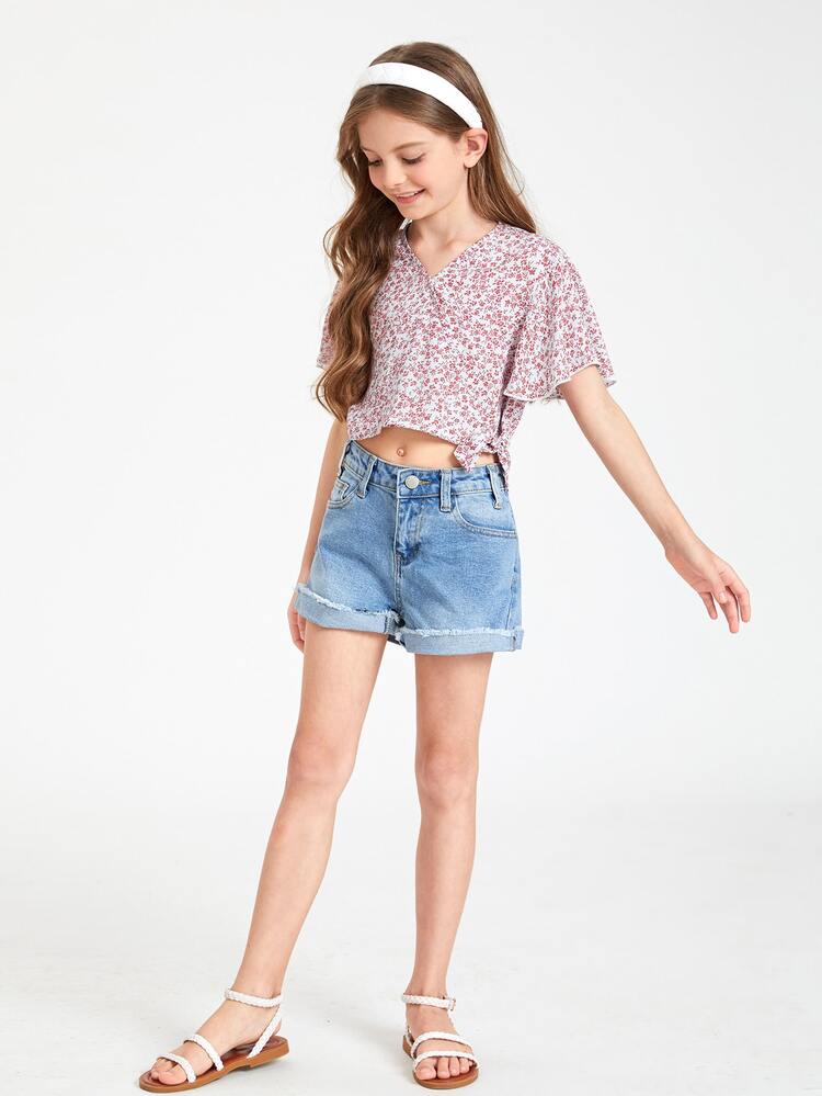 SHEIN Girls 小花柄 バタフライスリーブ ブラウス - マルチカラー - 見る 5