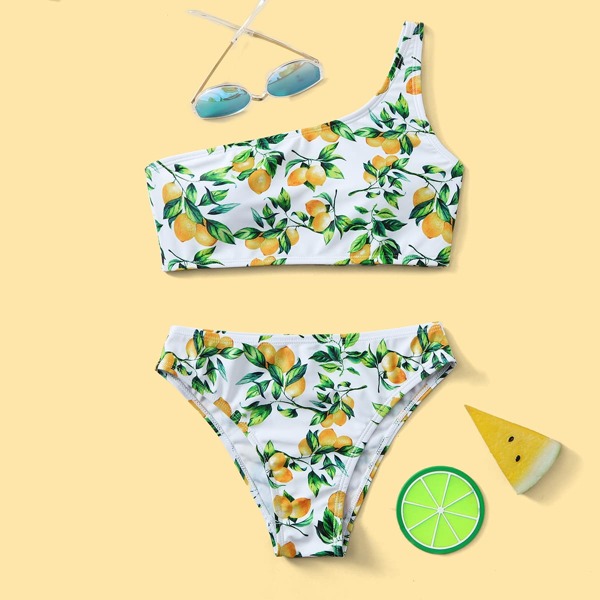 

Girls Fruit Print One Shoulder Bikini Swimsuit, Multicolor